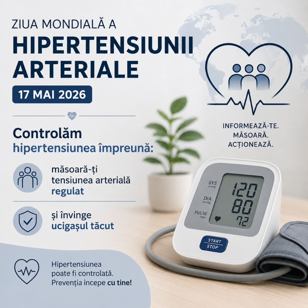Ziua Mondială a Hipertensiunii Arteriale – 17 mai 2026. Controlăm hipertensiunea  împreună: măsoară-ți tensiunea arterială regulat și învinge ucigașul tăcut”